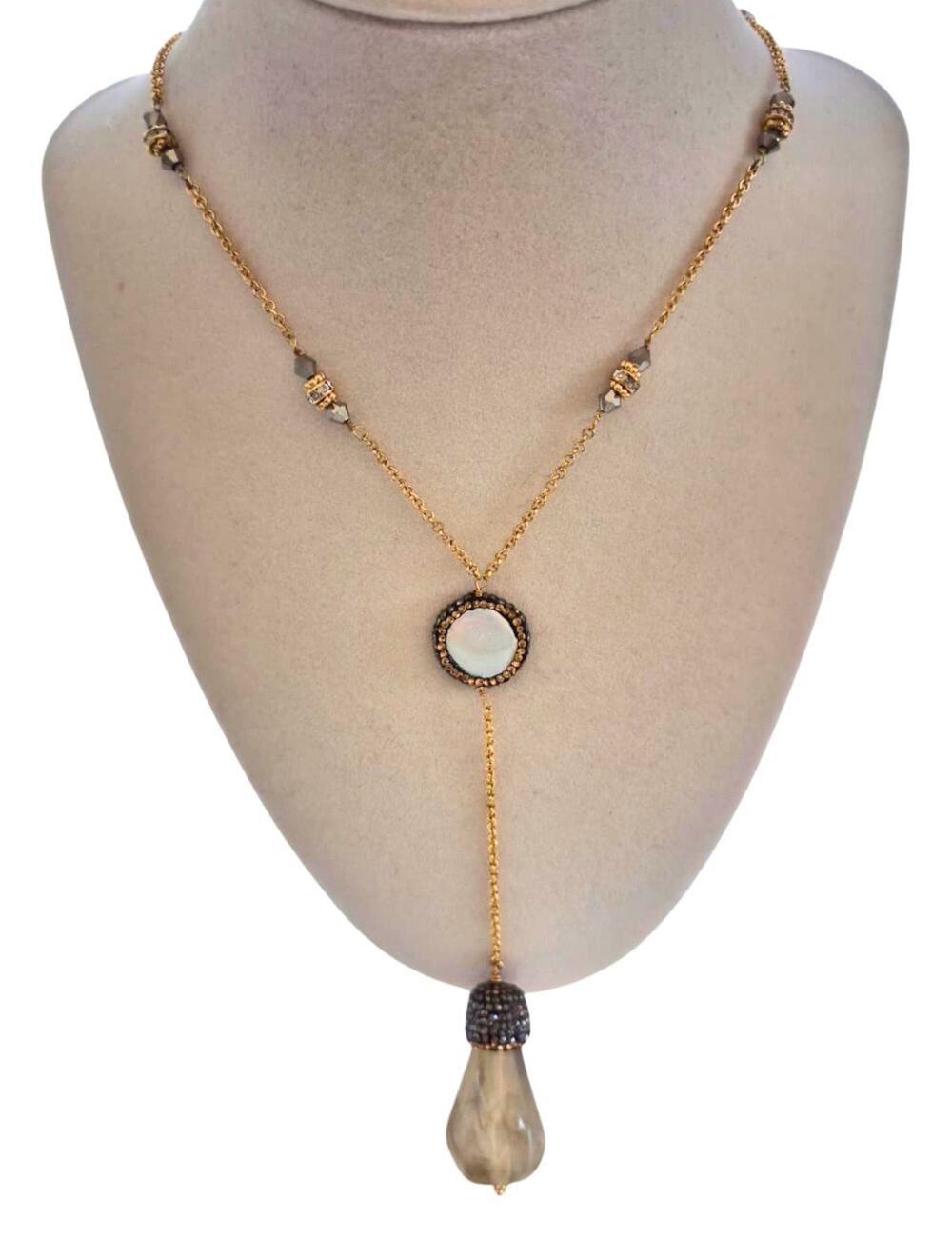 Ali Kahn Pendant Necklace Long Teardrop Gold Tone Agate Hematite Glam